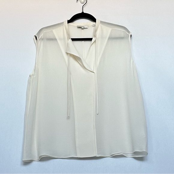 Vince Tie Neck Sleeveless 100% Silk Blouse in Off-White | XL | NWT - Picture 2 of 16